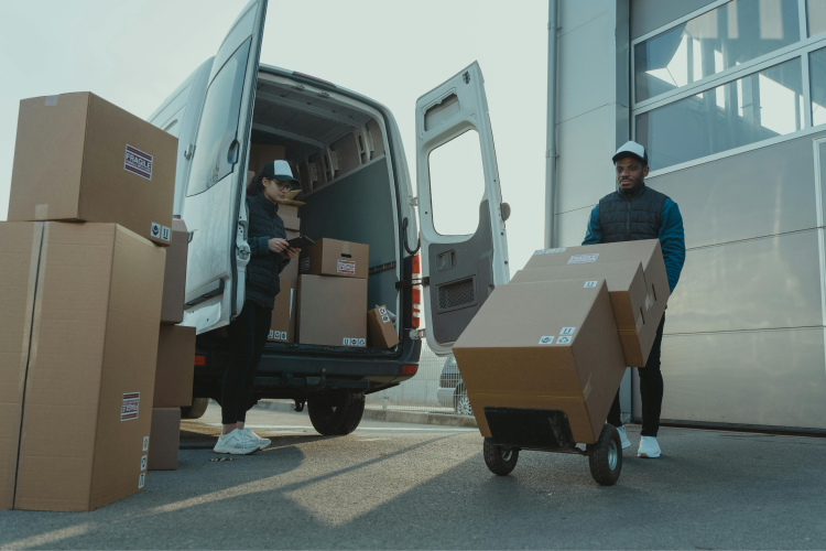 Man and a woman working for a delivery company